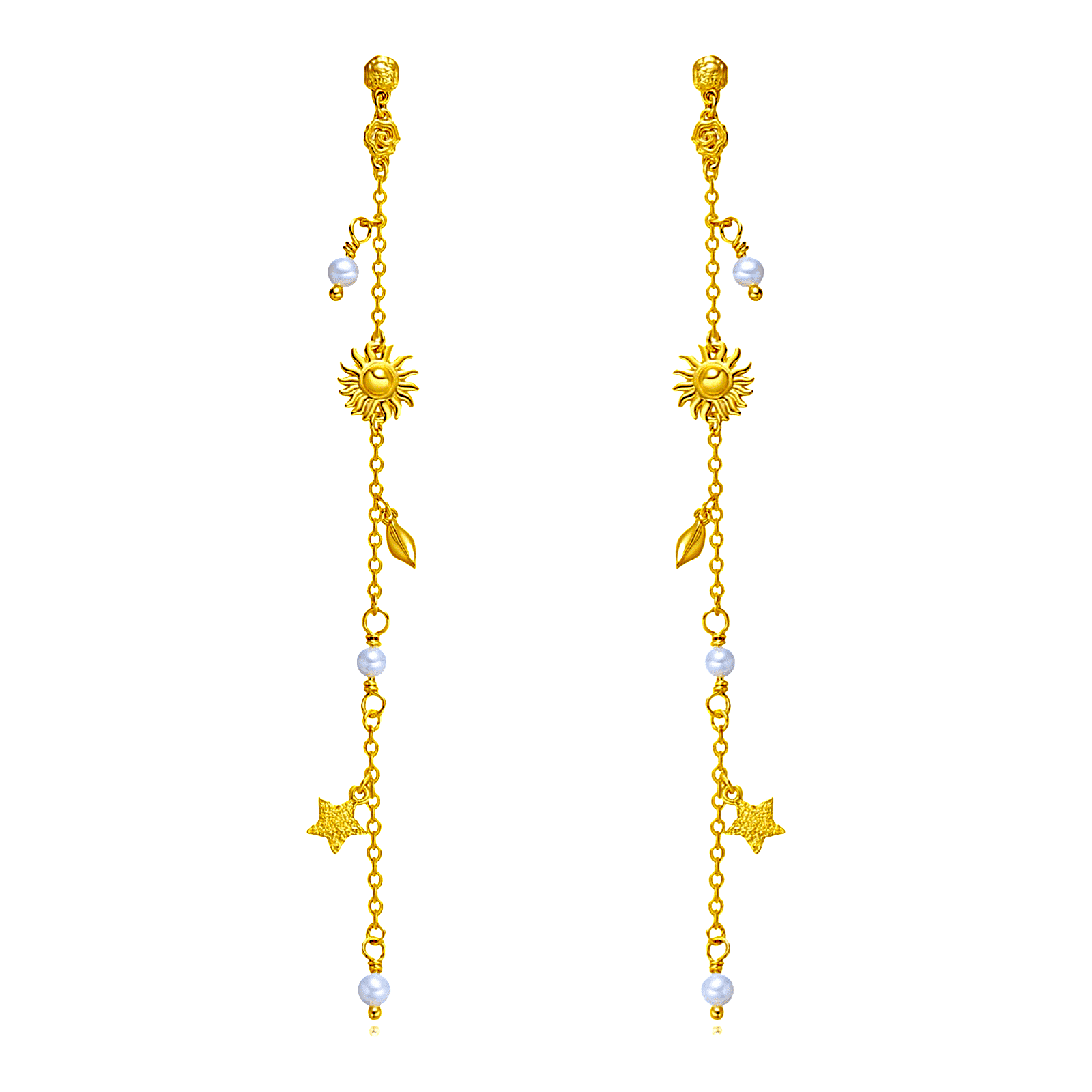Et par lange Drømme Stjerne Øreringe fra Pallantis Smykker i forgyldt sølv med sol- og stjernevedhæng, små hvide ferskvandsperler og bladdetaljer på fine guldkæder.